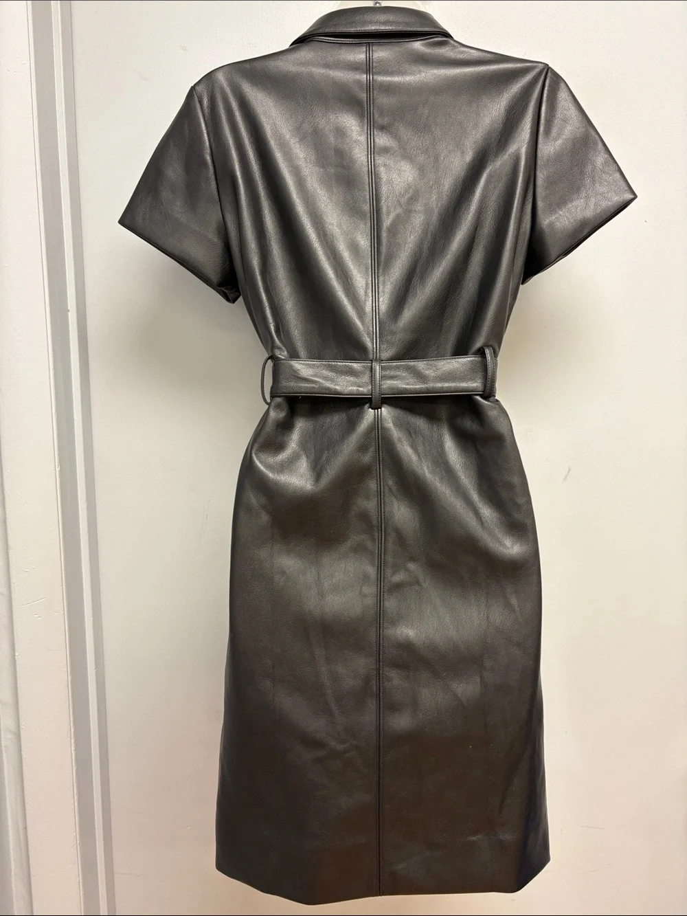 J. Crew Faux Leather Shirt Dress Black Belted Midi Dress Size 2 NWT